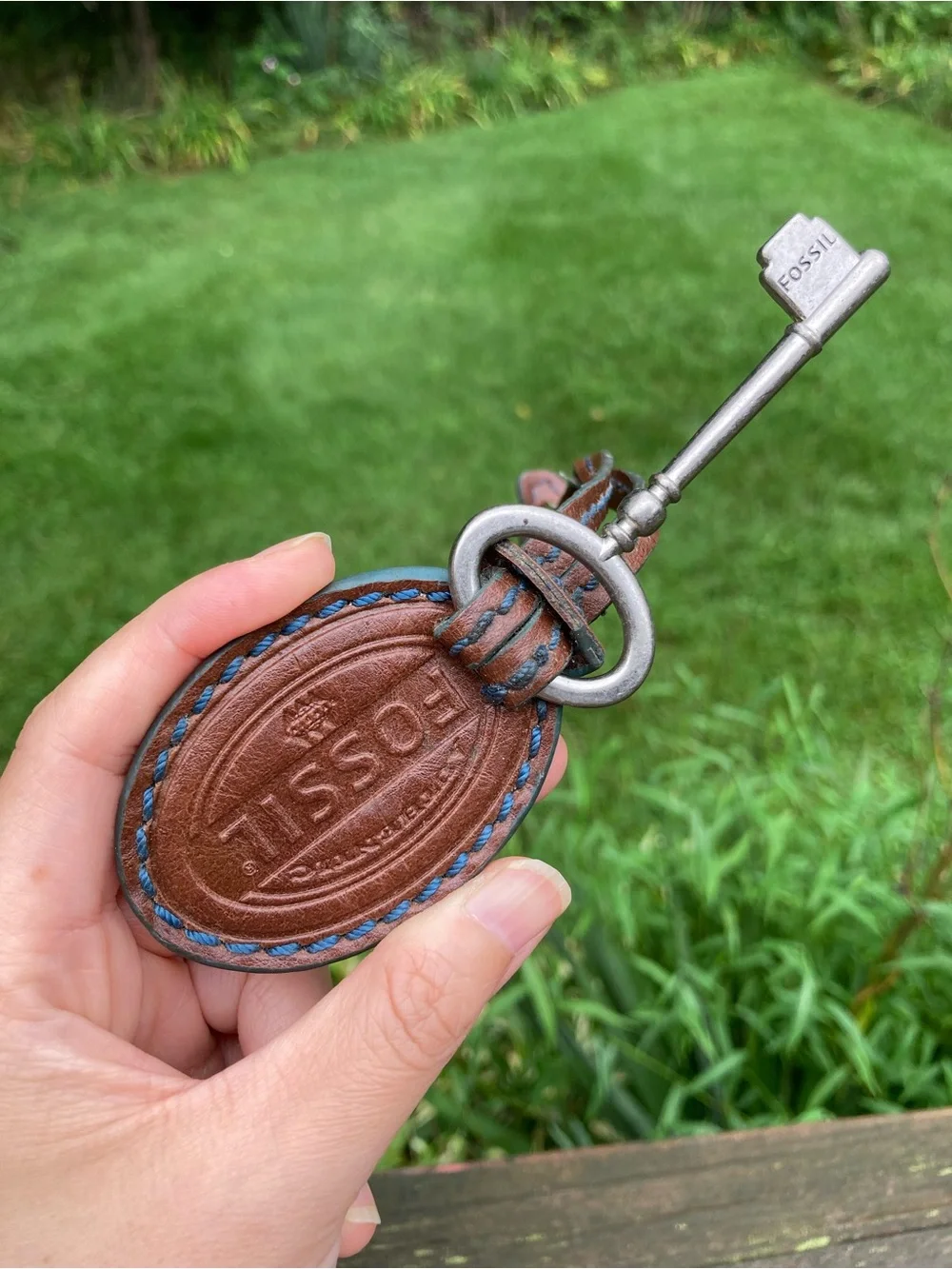 Vintage Fossil Leather Bag Charm Key Fob Brown Blue Stitching Skeleton Key